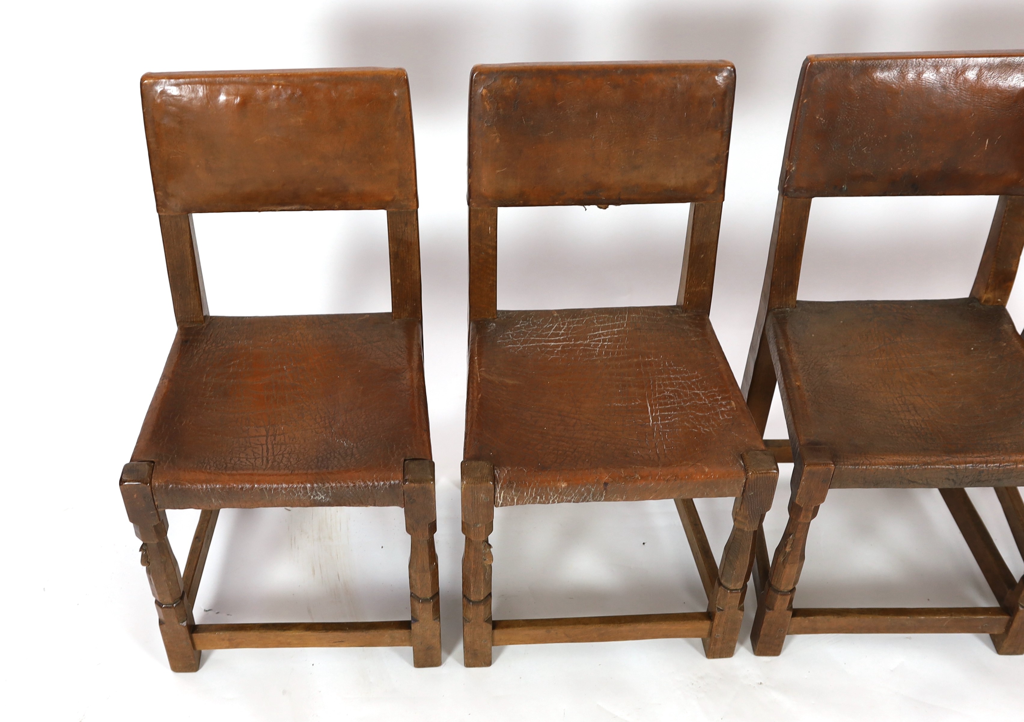 Robert Thompson of Kilburn. A Mouseman oak refectory table and four matching dining chairs, chairs width 44cm depth 47cm height 87cm